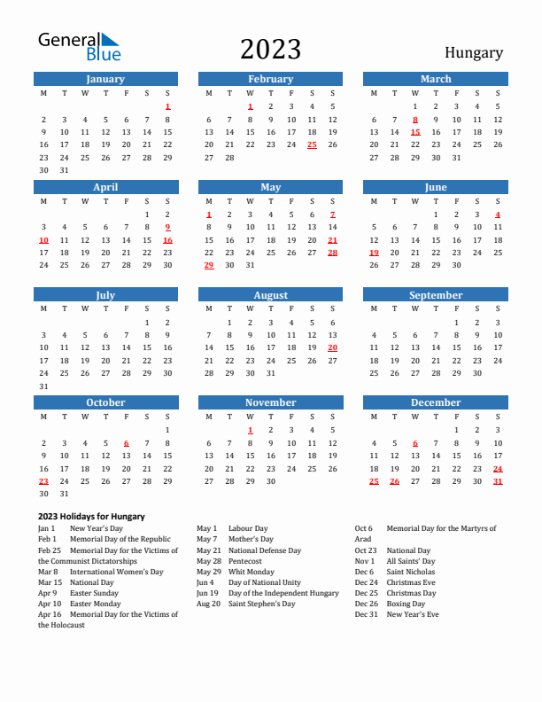 Hungary 2023 Calendar with Holidays