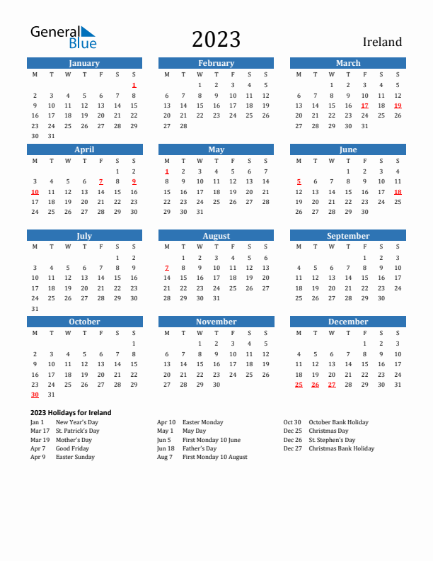 Ireland 2023 Calendar with Holidays