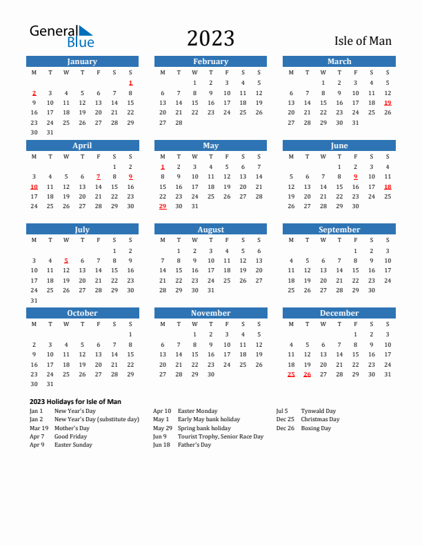 Isle of Man 2023 Calendar with Holidays