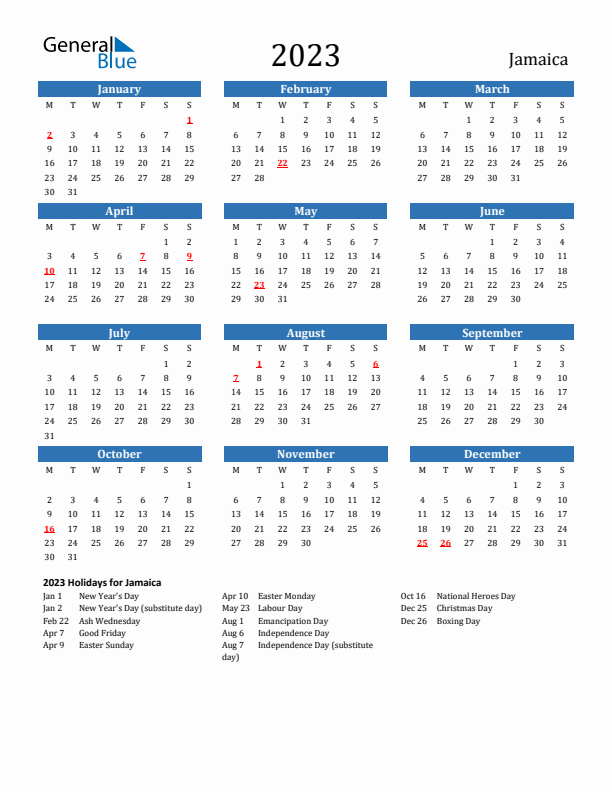 Jamaica 2023 Calendar with Holidays