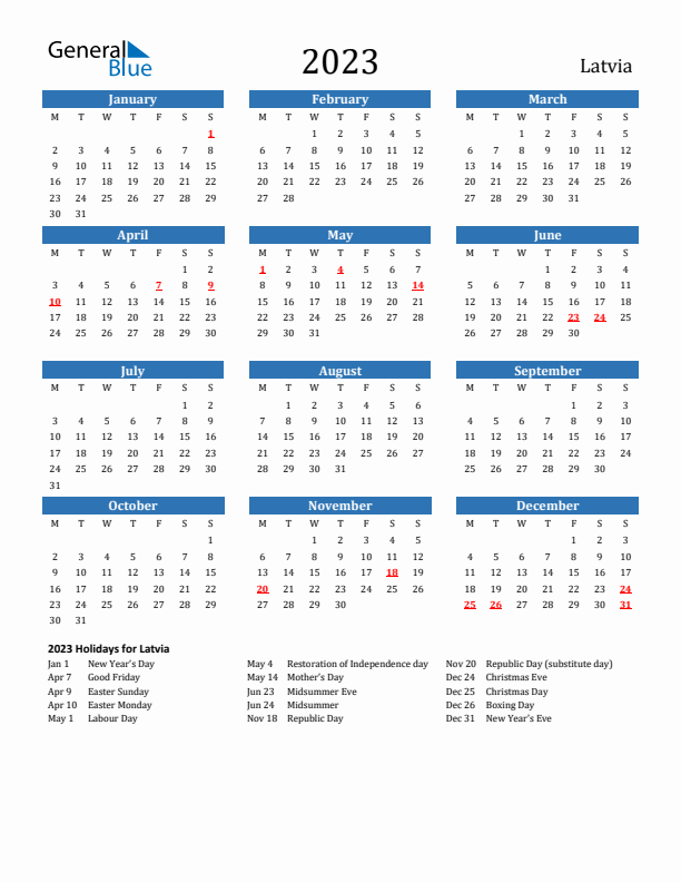 Latvia 2023 Calendar with Holidays