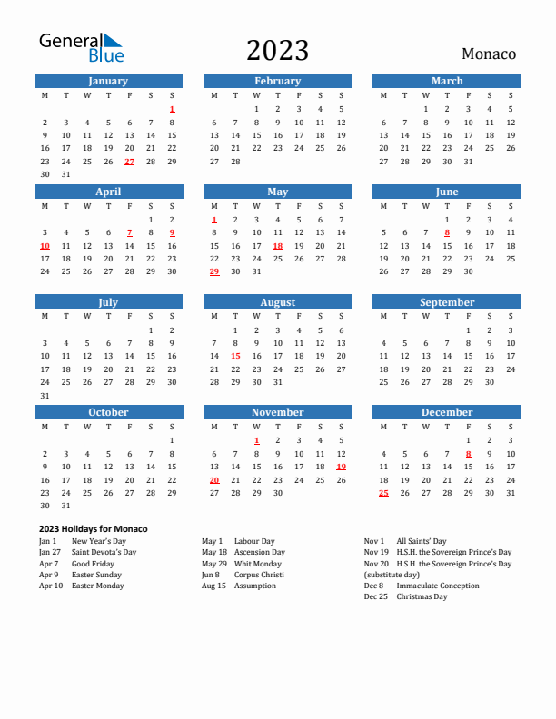 Monaco 2023 Calendar with Holidays