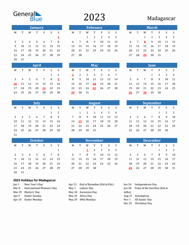 Madagascar 2023 Calendar with Holidays