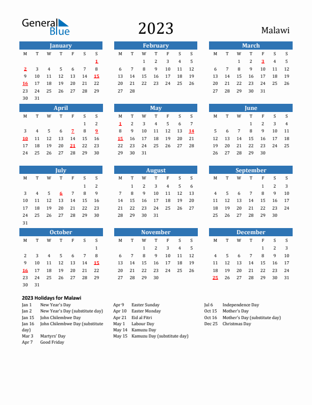 Malawi 2023 Calendar with Holidays