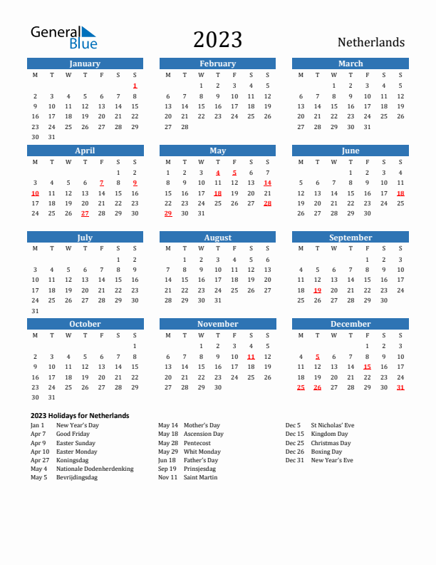 The Netherlands 2023 Calendar with Holidays