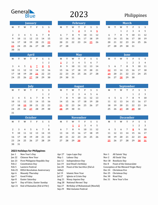 Philippines 2023 Calendar with Holidays