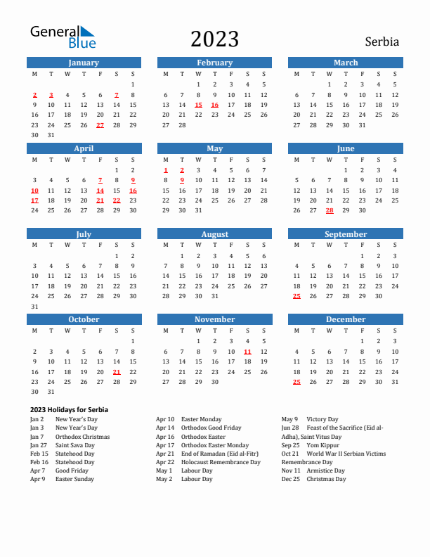 Serbia 2023 Calendar with Holidays