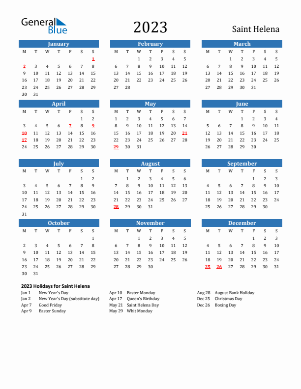 Saint Helena 2023 Calendar with Holidays