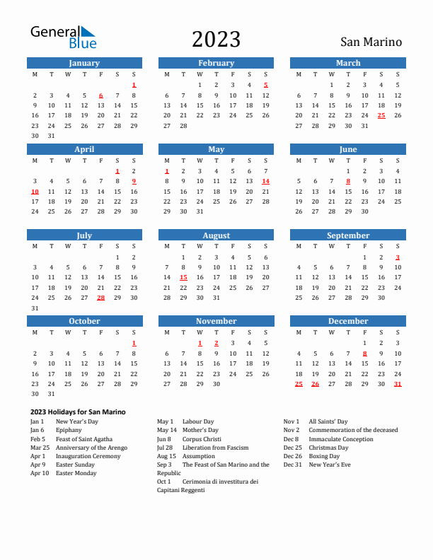 San Marino 2023 Calendar with Holidays