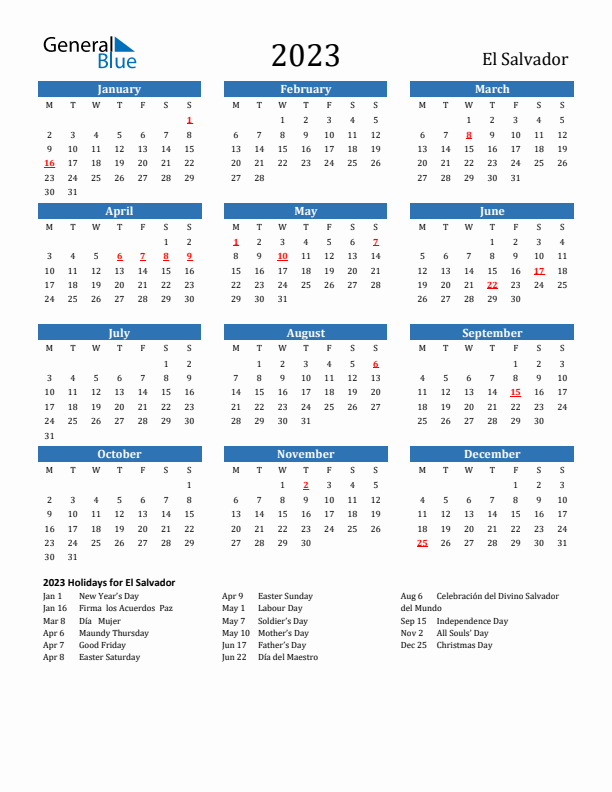 El Salvador 2023 Calendar with Holidays
