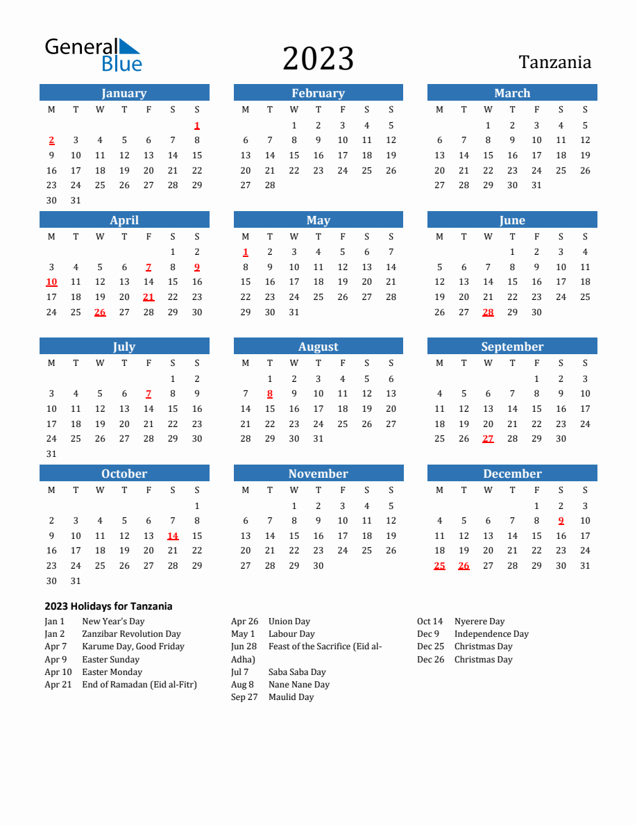 Tanzania 2023 Calendar with Holidays