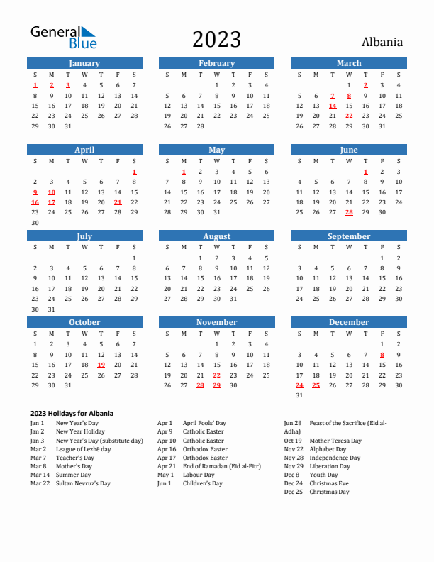 Albania 2023 Calendar with Holidays
