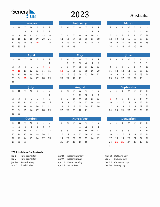 Australia 2023 Calendar with Holidays