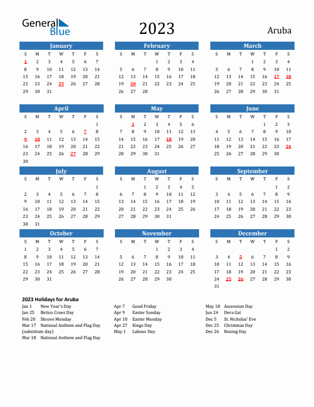 Aruba 2023 Calendar with Holidays