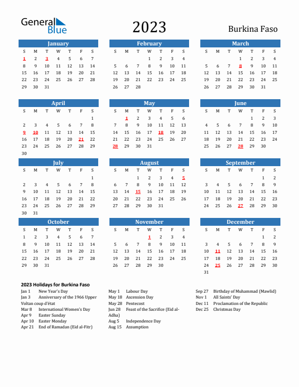 Burkina Faso 2023 Calendar with Holidays
