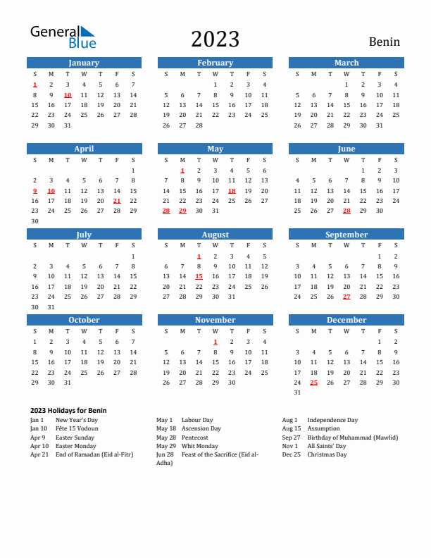 Benin 2023 Calendar with Holidays