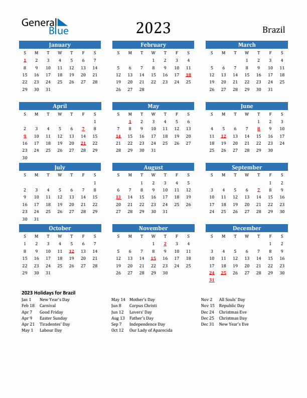 Brazil 2023 Calendar with Holidays