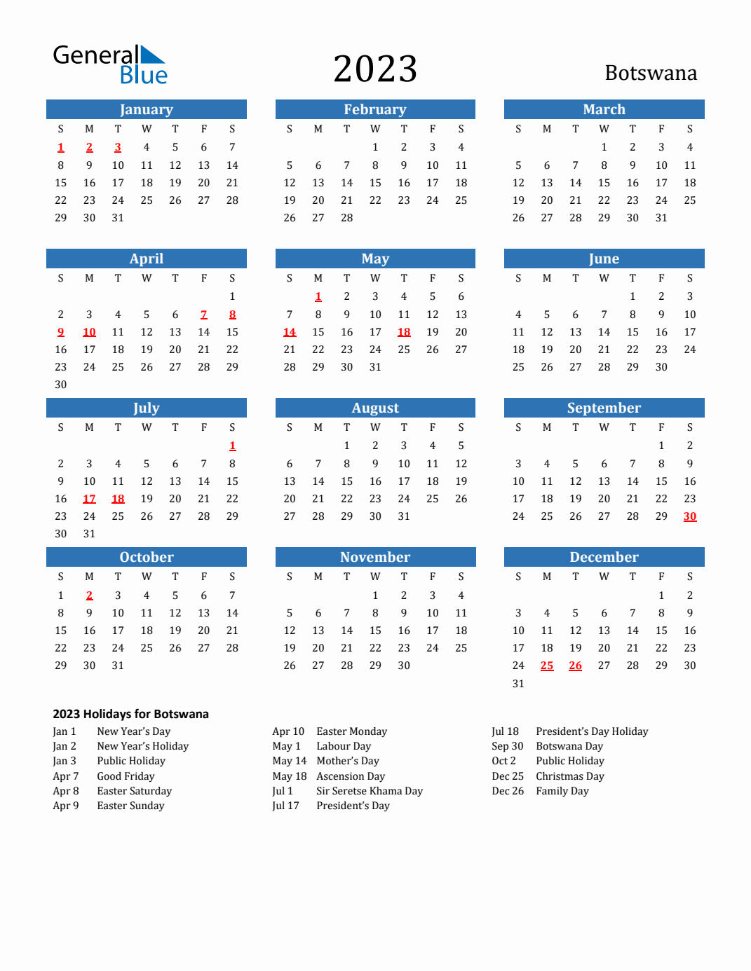 2023 Botswana Calendar with Holidays