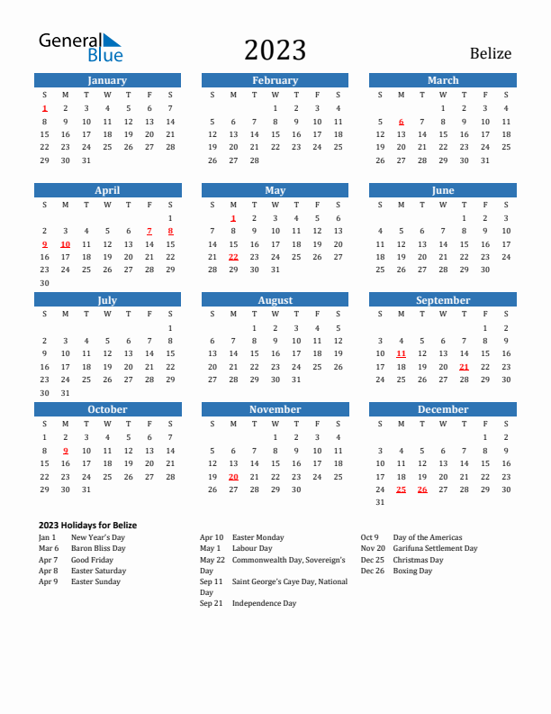 Belize 2023 Calendar with Holidays
