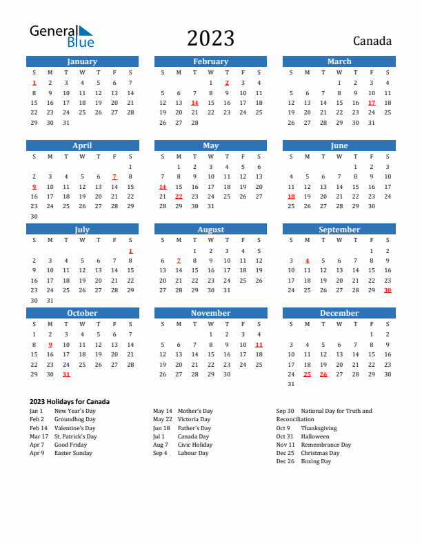 Canada 2023 Calendar with Holidays