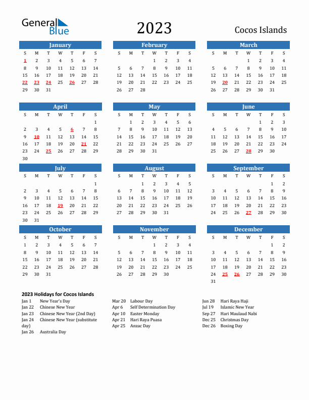 Cocos Islands 2023 Calendar with Holidays