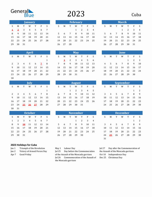 Cuba 2023 Calendar with Holidays