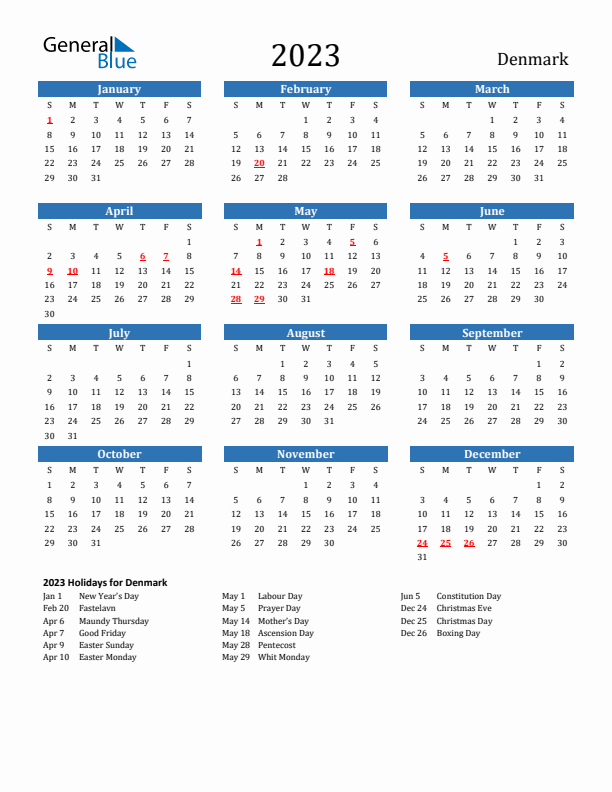Denmark 2023 Calendar with Holidays