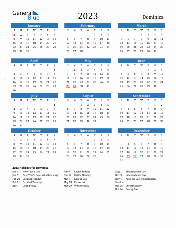 Dominica 2023 Calendar with Holidays
