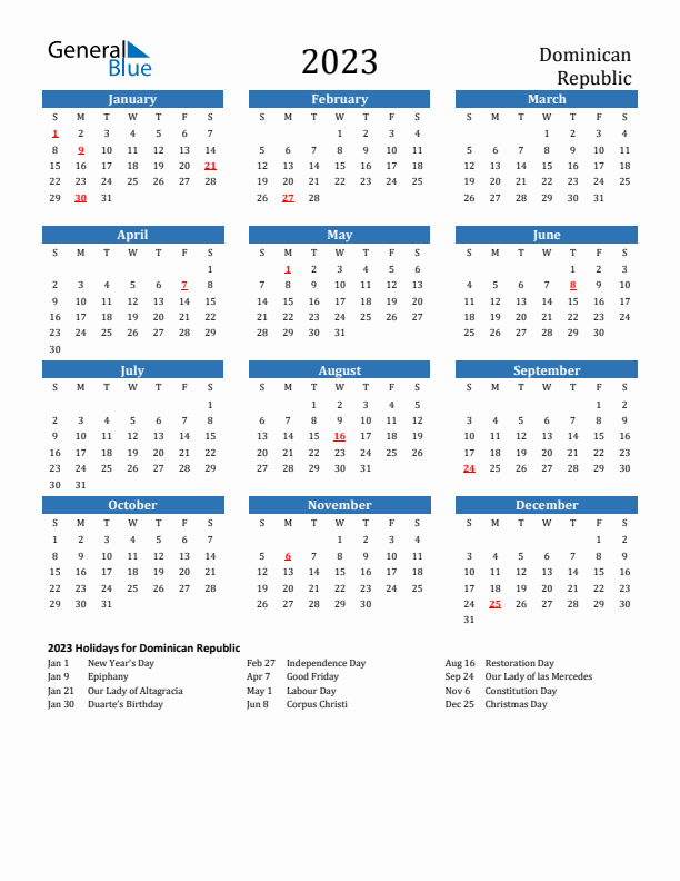 Dominican Republic 2023 Calendar with Holidays