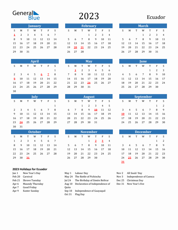 Ecuador 2023 Calendar with Holidays