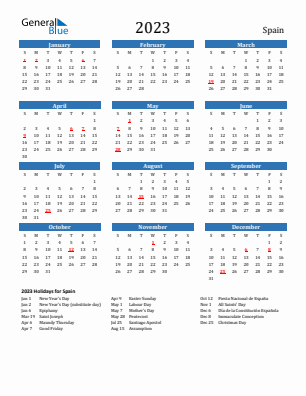 Spain current year calendar 2023 with holidays