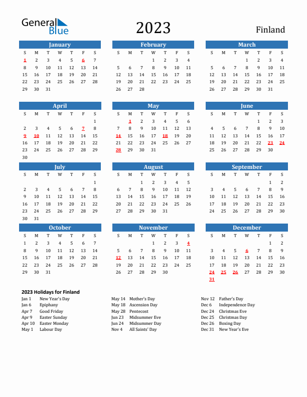 Finland 2023 Calendar with Holidays