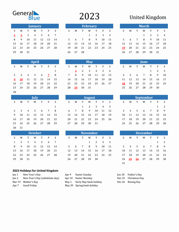 United Kingdom 2023 Calendar with Holidays