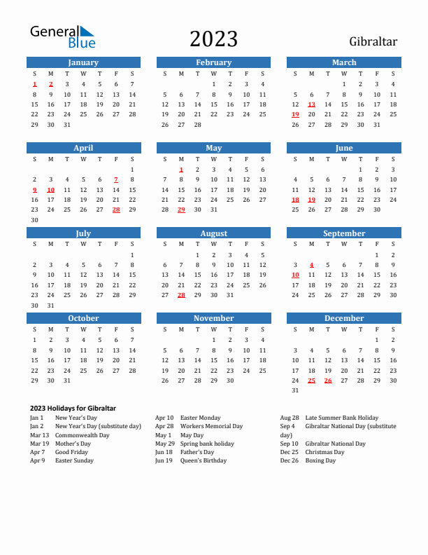 Gibraltar 2023 Calendar with Holidays