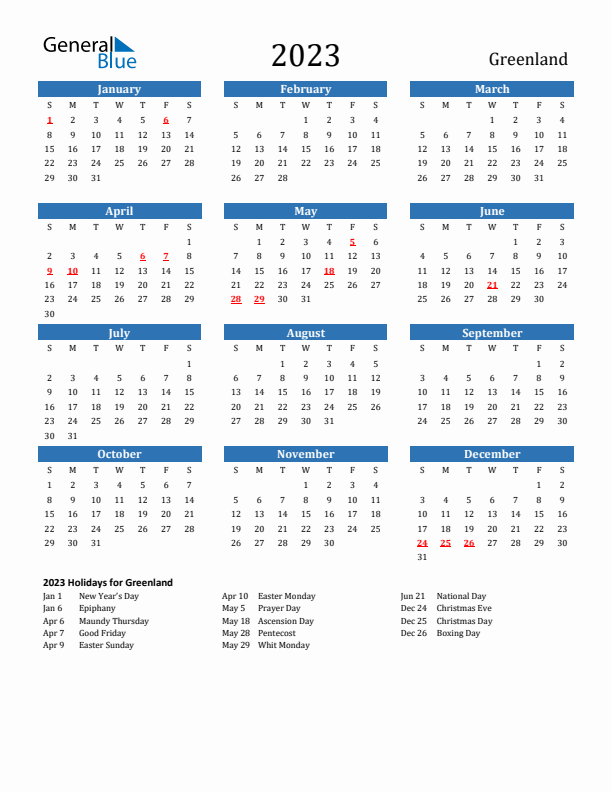 Greenland 2023 Calendar with Holidays