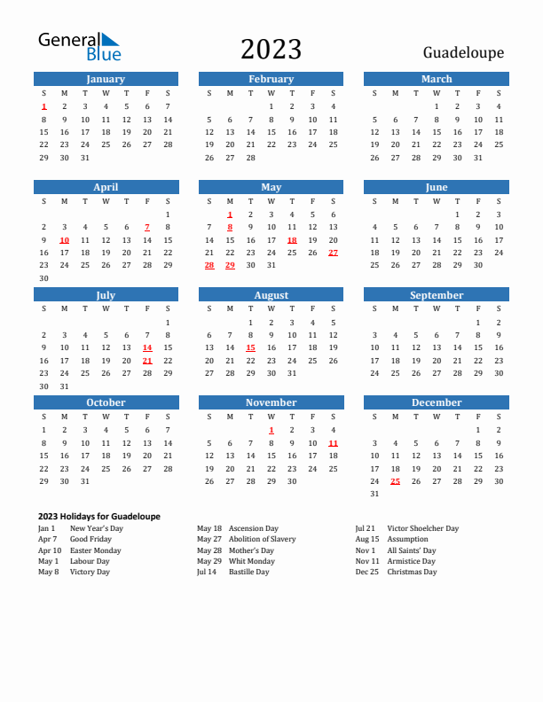 Guadeloupe 2023 Calendar with Holidays