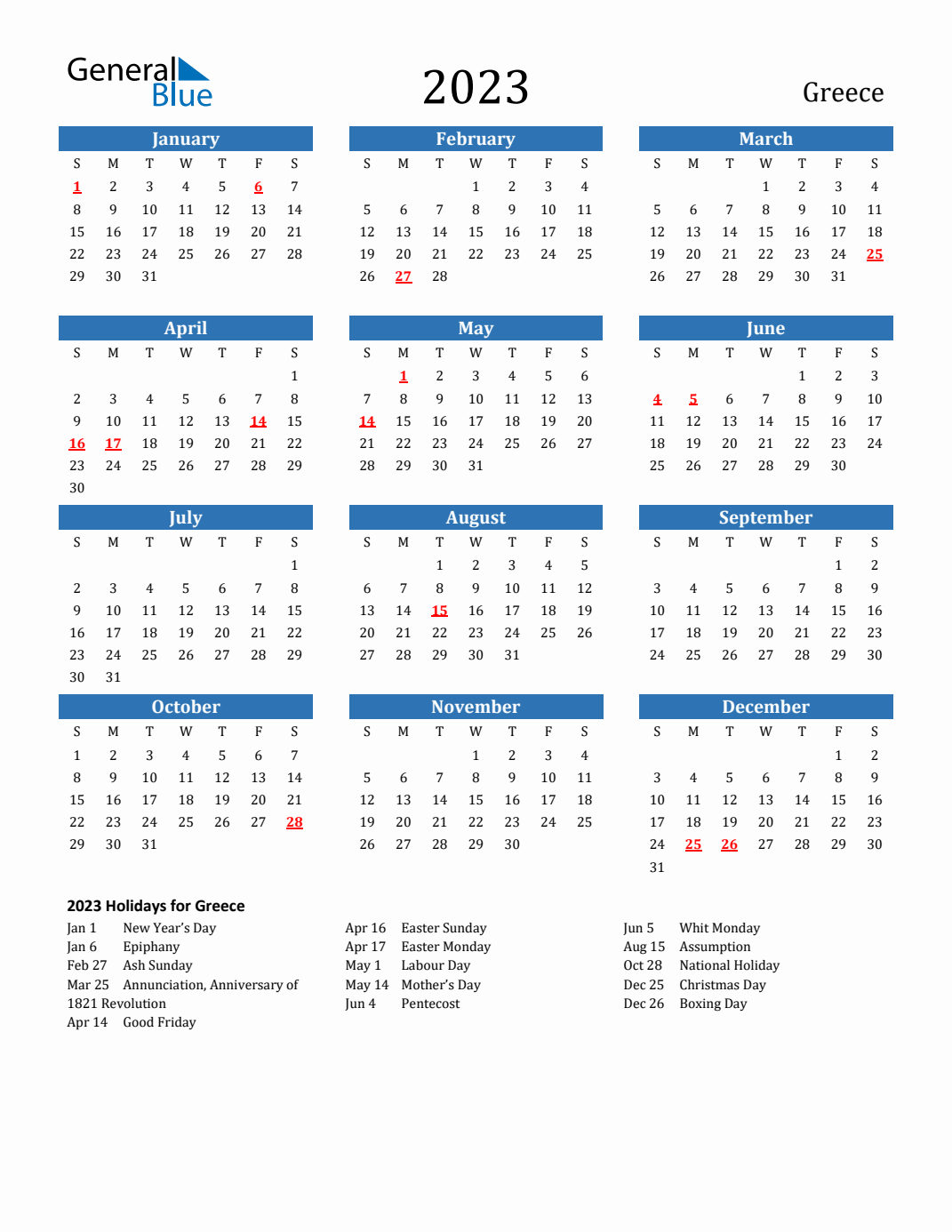 2023 Greece Calendar with Holidays