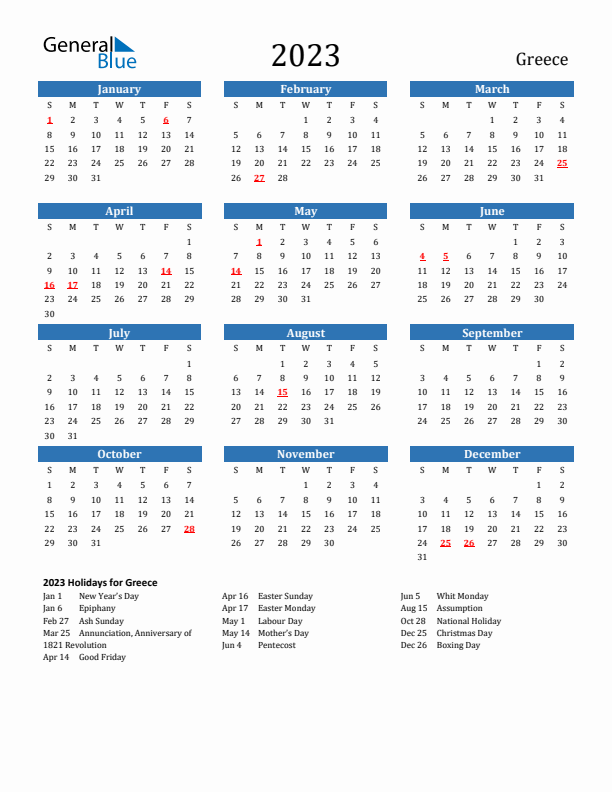 Greece 2023 Calendar with Holidays