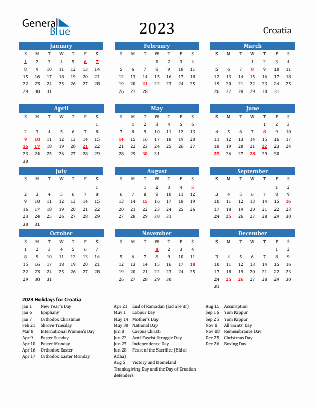 Croatia 2023 Calendar with Holidays