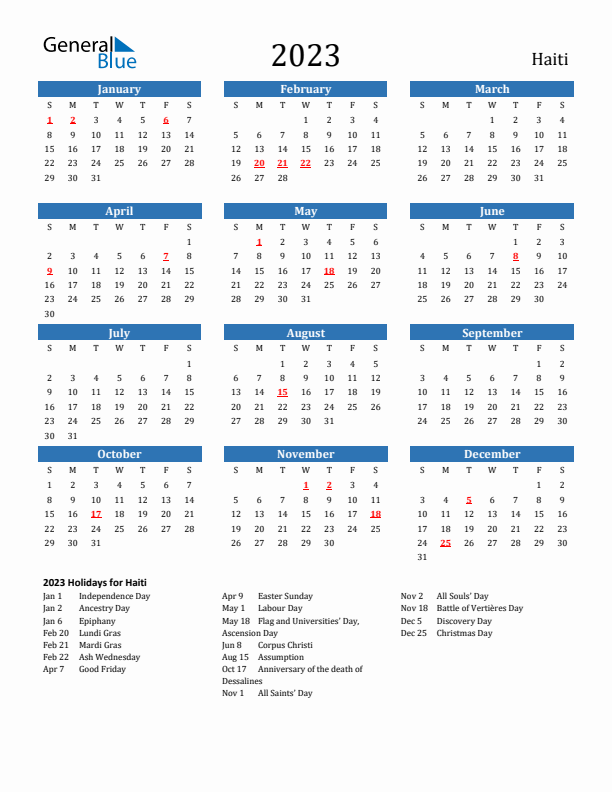 Haiti 2023 Calendar with Holidays