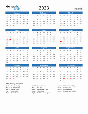 Ireland current year calendar 2023 with holidays