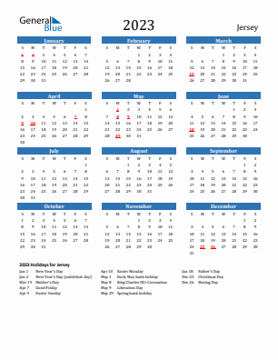 2023 Yearly Calendar Printable With Jersey Holidays