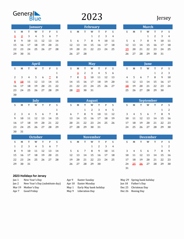 Jersey 2023 Calendar with Holidays