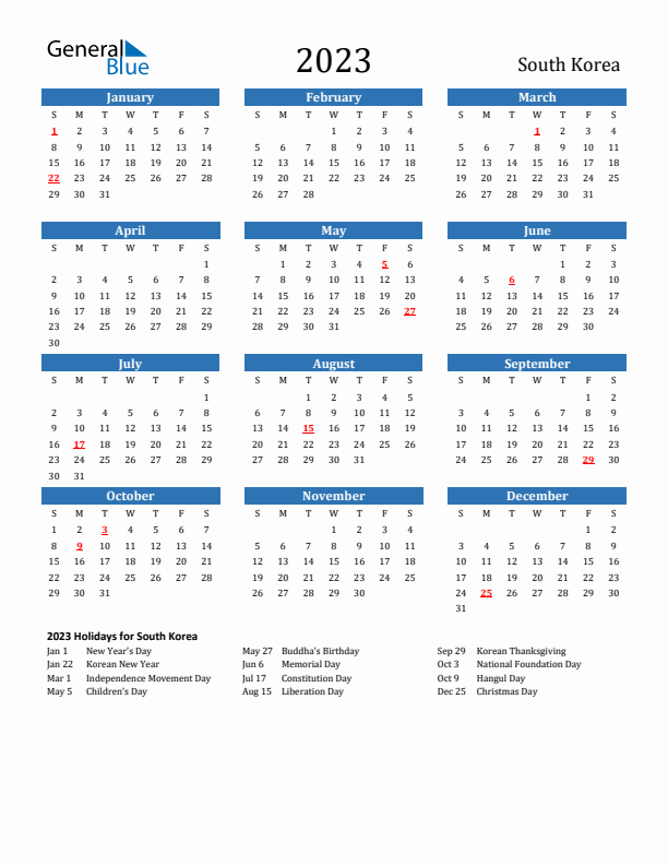 South Korea 2023 Calendar with Holidays