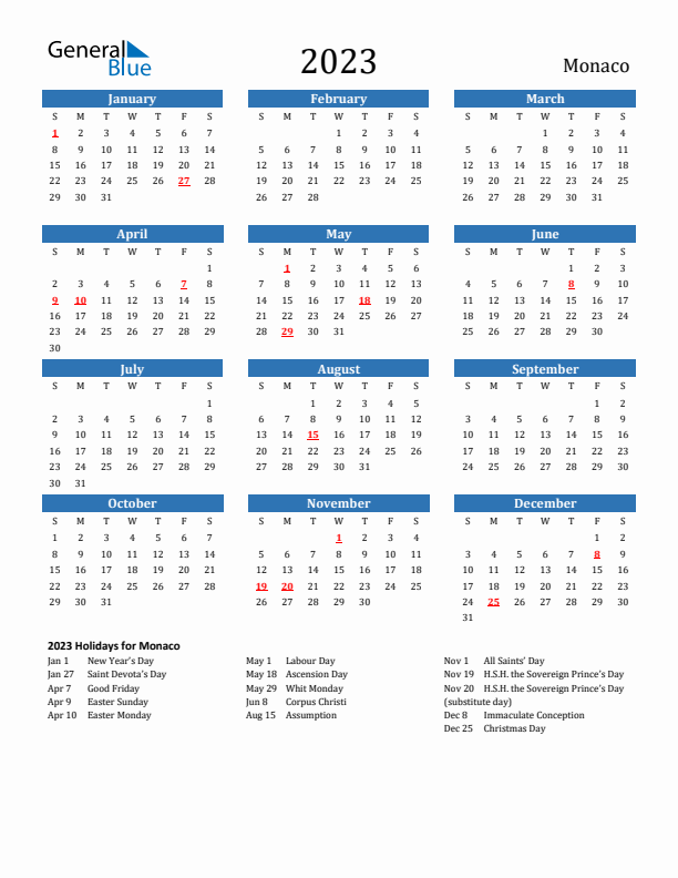 Monaco 2023 Calendar with Holidays