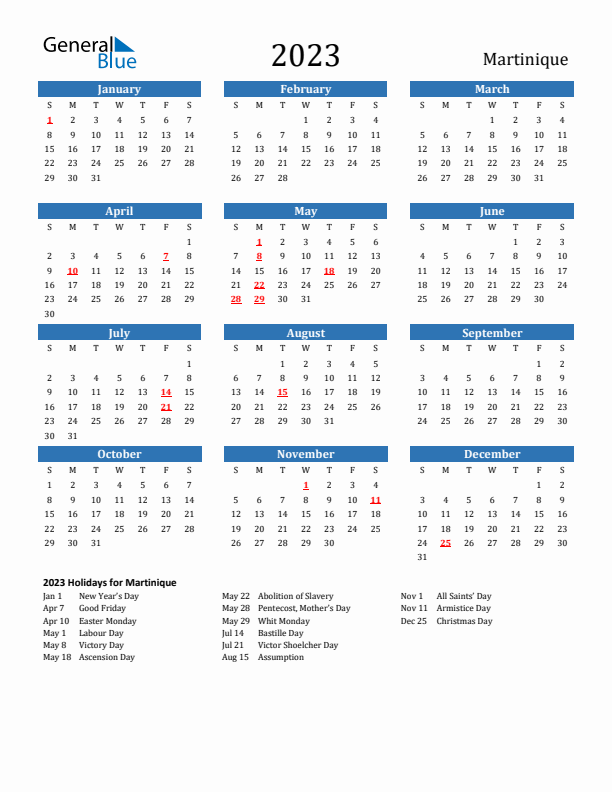 Martinique 2023 Calendar with Holidays
