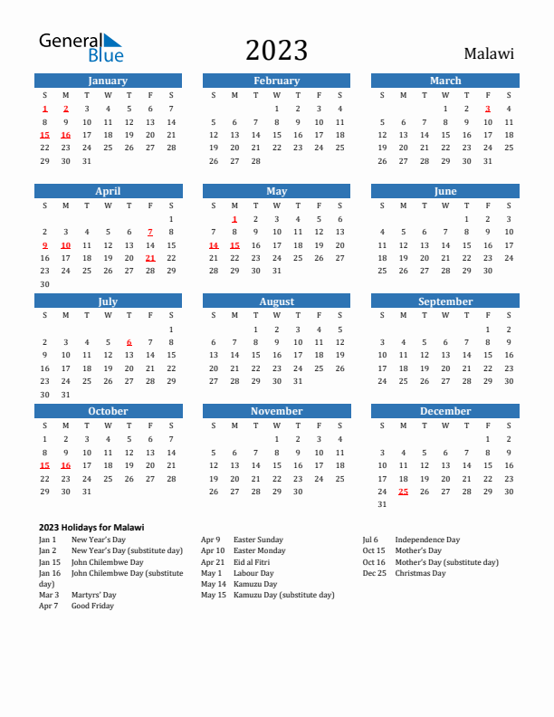 Malawi 2023 Calendar with Holidays