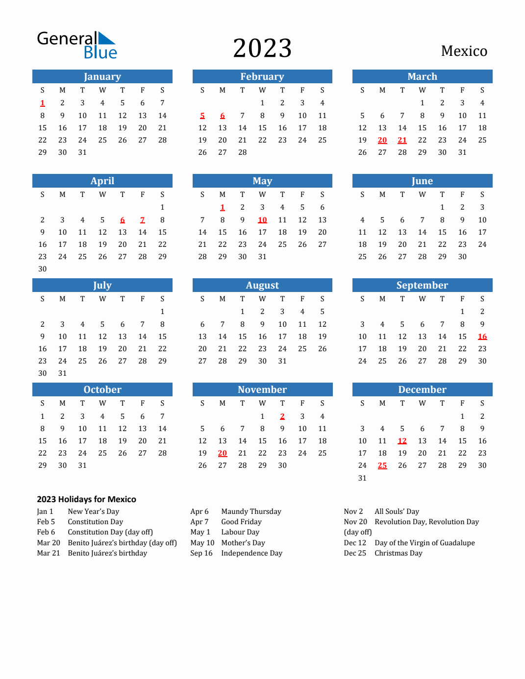 2023 Mexico Calendar with Holidays