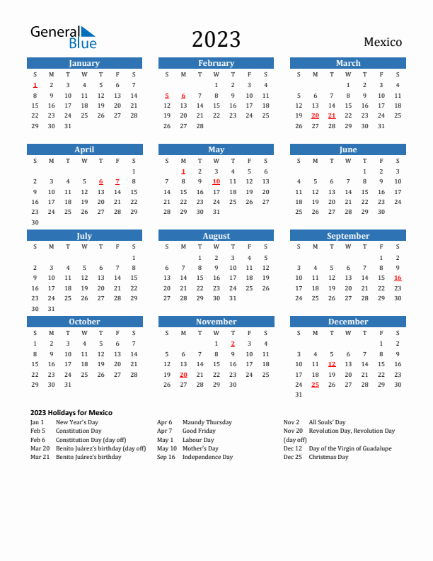 Mexico 2023 Calendar with Holidays