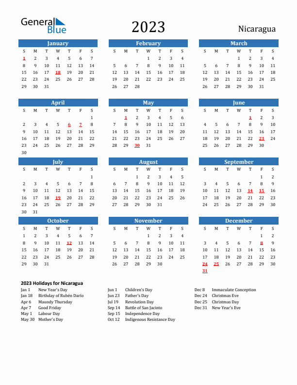 Nicaragua 2023 Calendar with Holidays